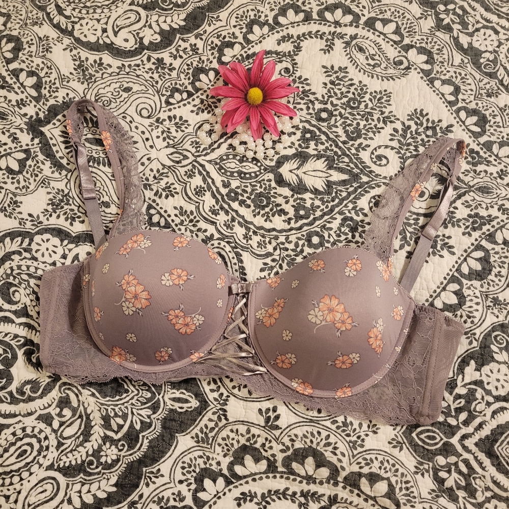 Cato Floral Print Lace Bra in Lavender and Peach